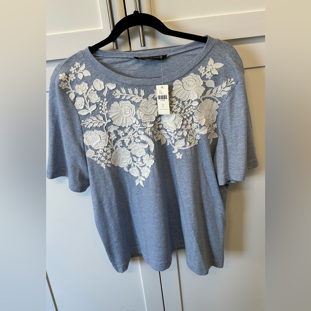 Anthropologie Blue Blouse with White Floral Embroidery